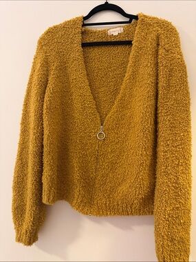 Altar'd State Mustard Fuzzy V-Neck Zip Cardigan